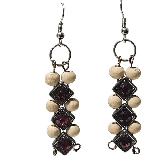 Boho Handcrafted Wooden Bead Red Gemstone Dangle Earrings Statement Jewelry - Picture 1 of 4